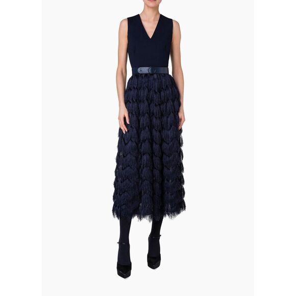 Akris punto Belted Mixed Media Fringe Midi-Dress